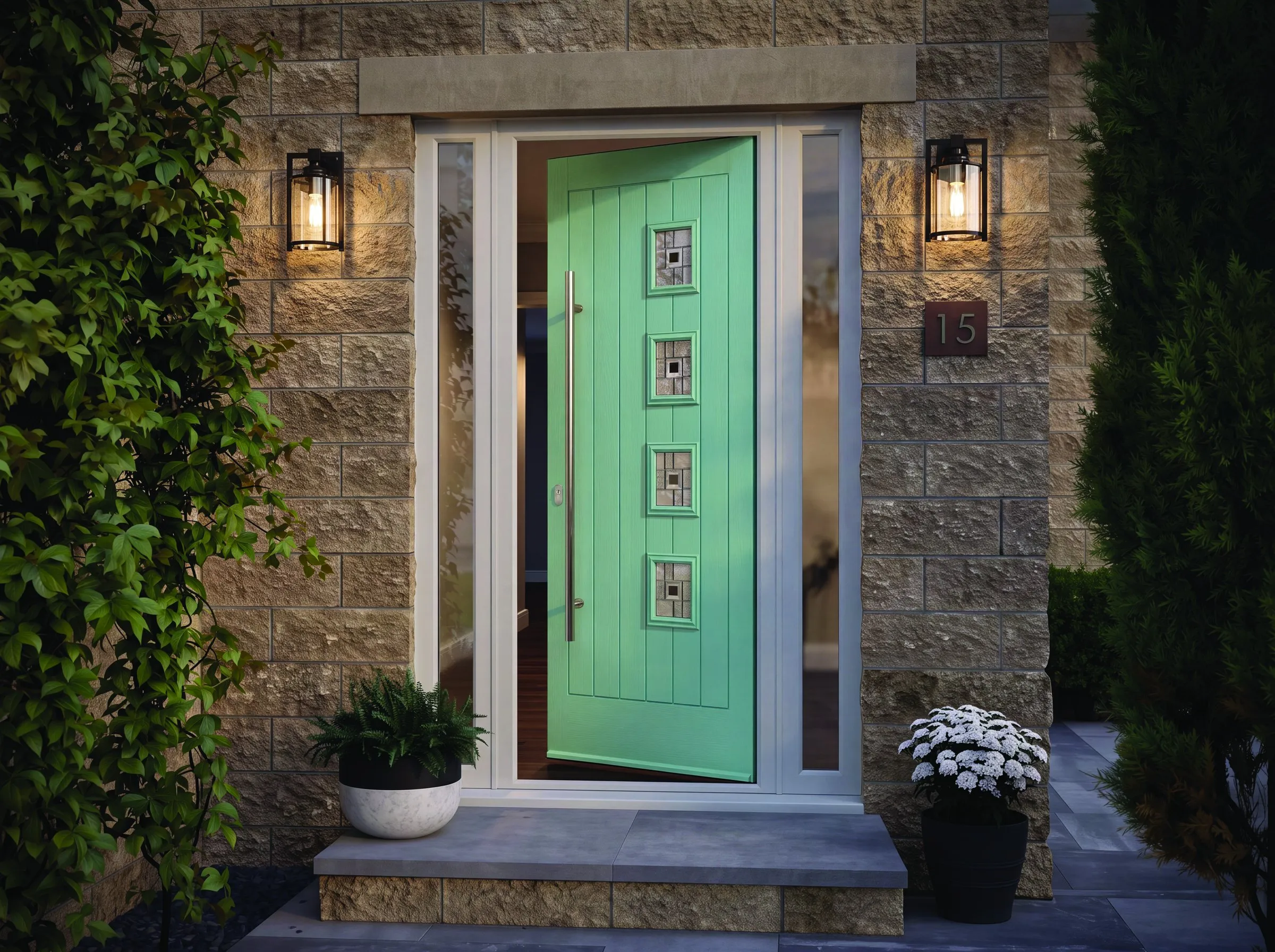 Amsterdam in Pastel Turquoise composite door fitted to a house