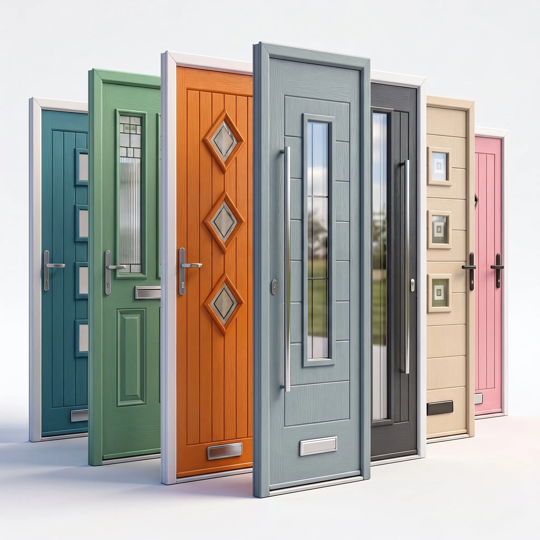 A line-up of composite doors in different styles and colours