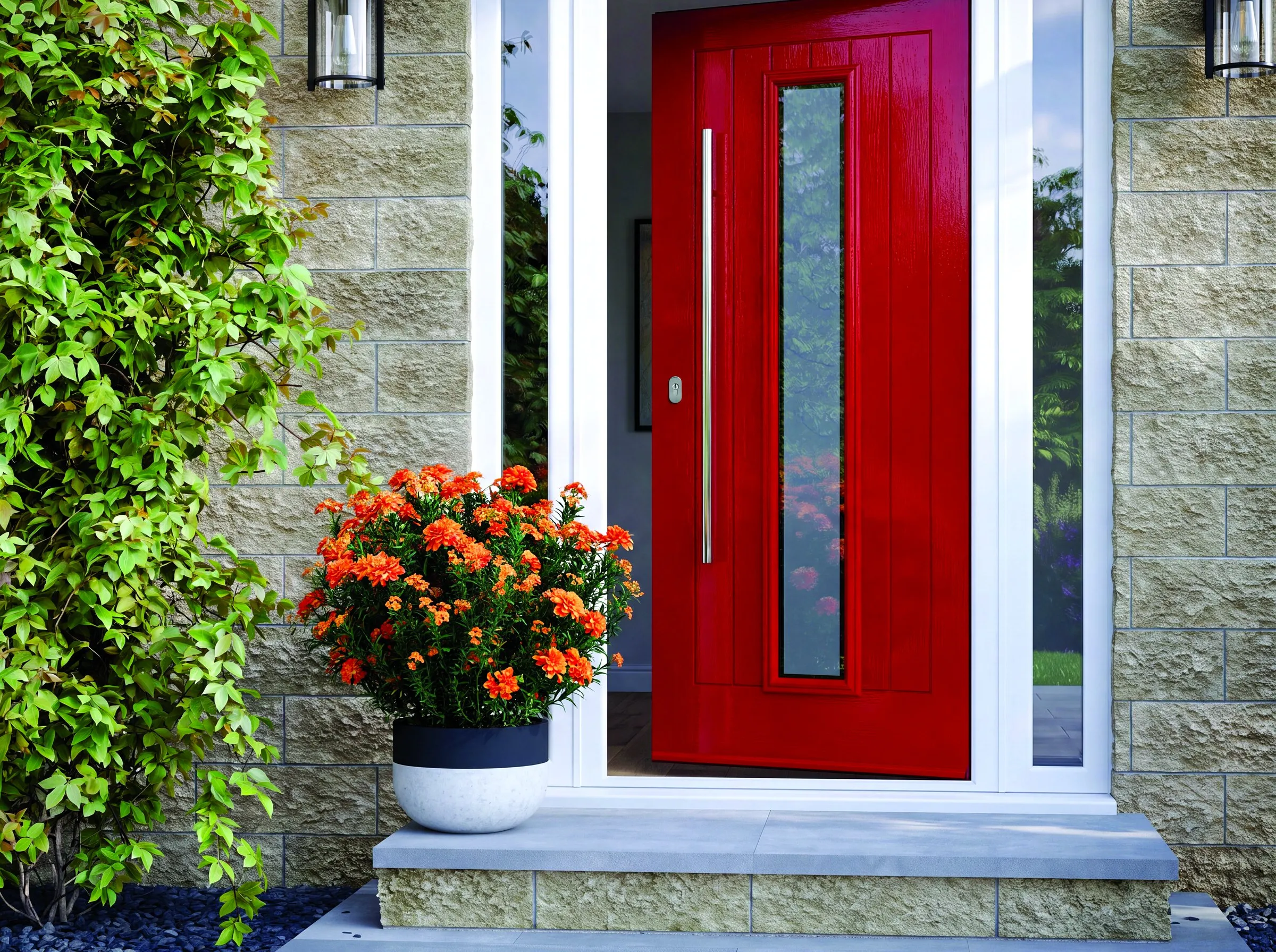 Genoa in Candy Red composite door fitted to a house