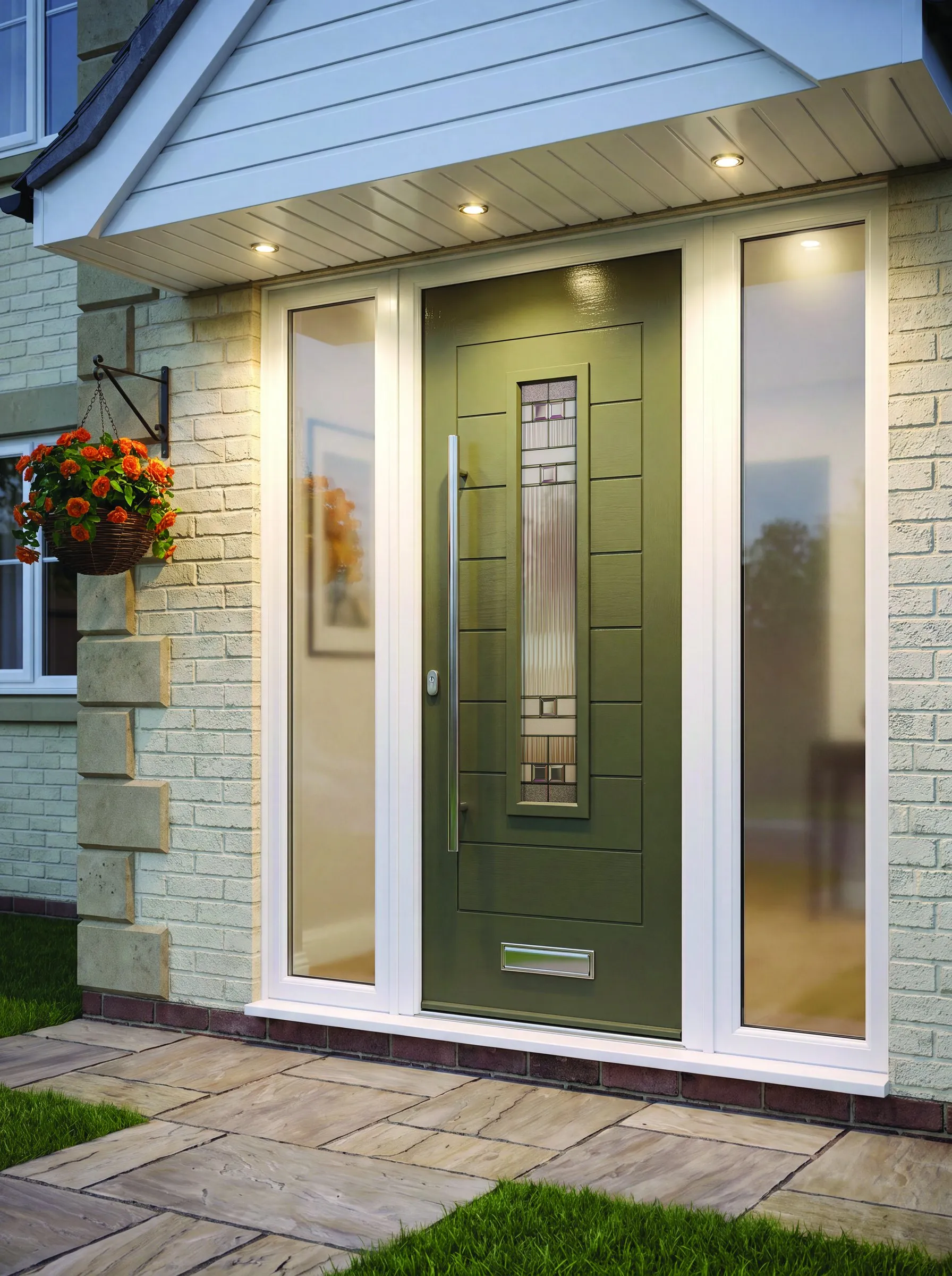 Madrid 912 composite door in Olive Grey, with glazed side panels