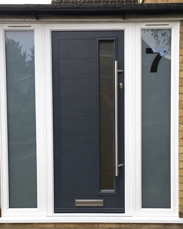Contemporary grey composite front door with full height glass side panels