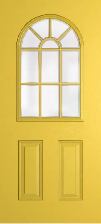 Madeira Grid Lite composite door in Canary Yellow with Etch glass