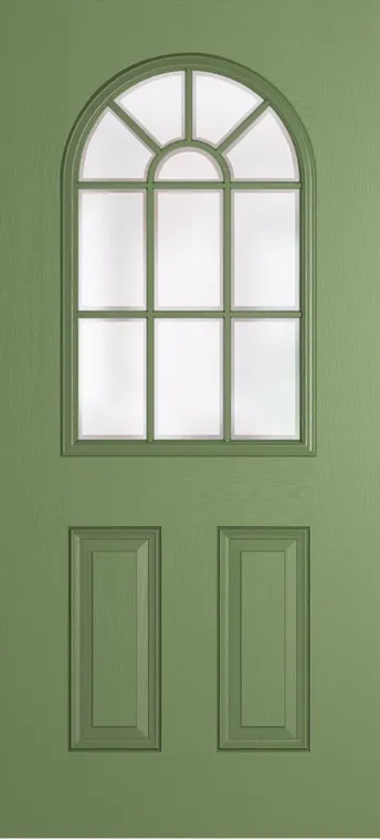 Madeira Grid Lite composite door in Woodland Green with Etch glass