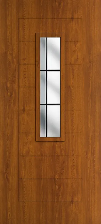 Madrid 912 composite door in Light Oak with Aurora glass