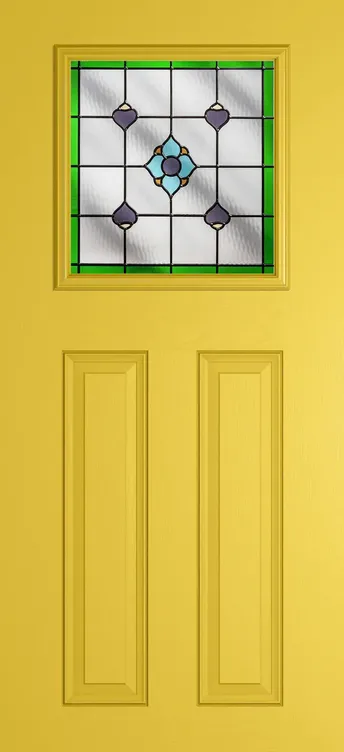 Paris composite door in Canary Yellow with Dorchester Green glass
