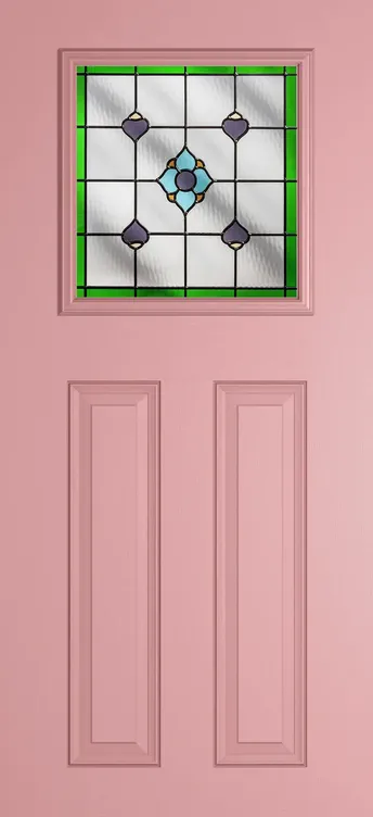 Paris composite door in Sweet Pink with Dorchester Green glass