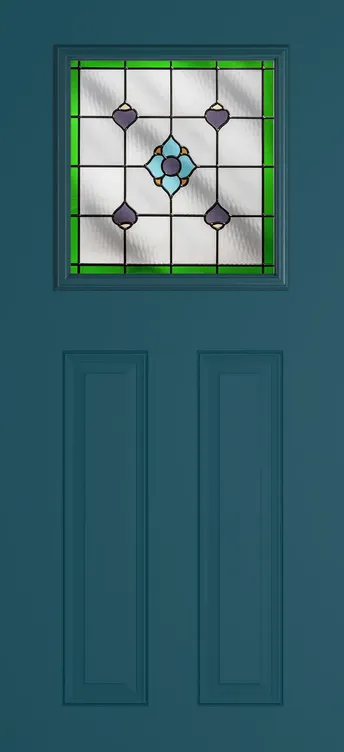 Paris composite door in Tranquil Blue with Dorchester Green glass