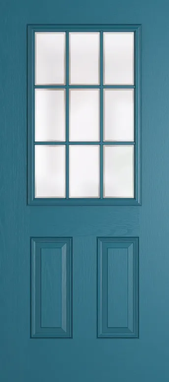 Tuscany Grid Lite composite door in Tranquil Blue with Etch glass