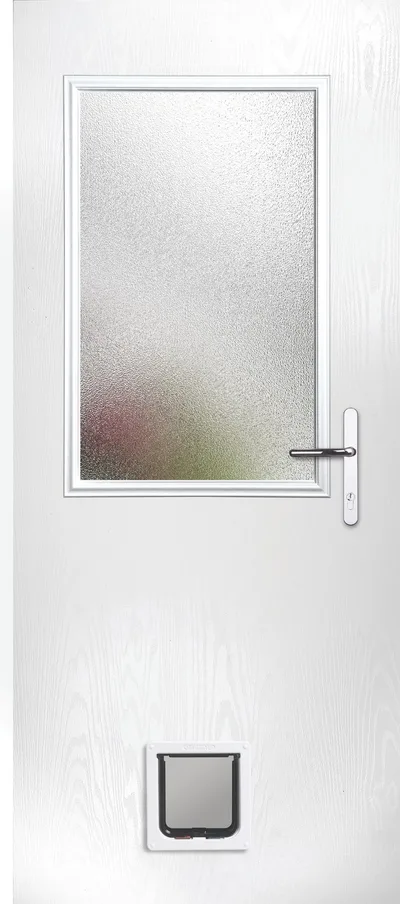 Back doors composite door in White with Stippolyte glass, Super Nova Flush, cat flap