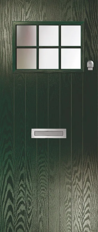 Comet composite door in Green with Satin glass, Cottage, 6 grid
