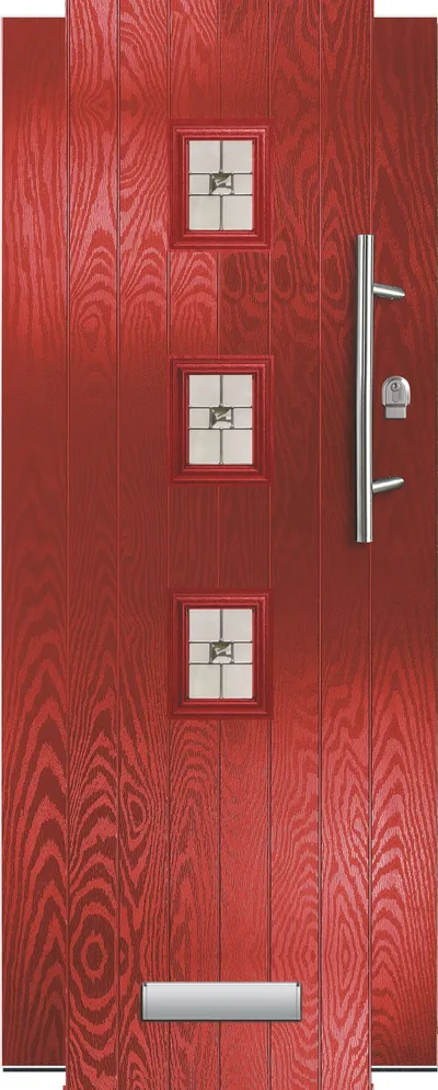 Corvus 3 & 4 composite door in Red with Maze glass, Corvus 3, Cottage, glass centre