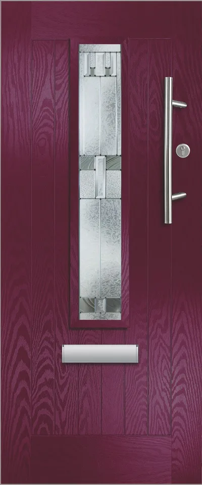 Mars composite door in Aubergine with Prairie glass, Farmhouse