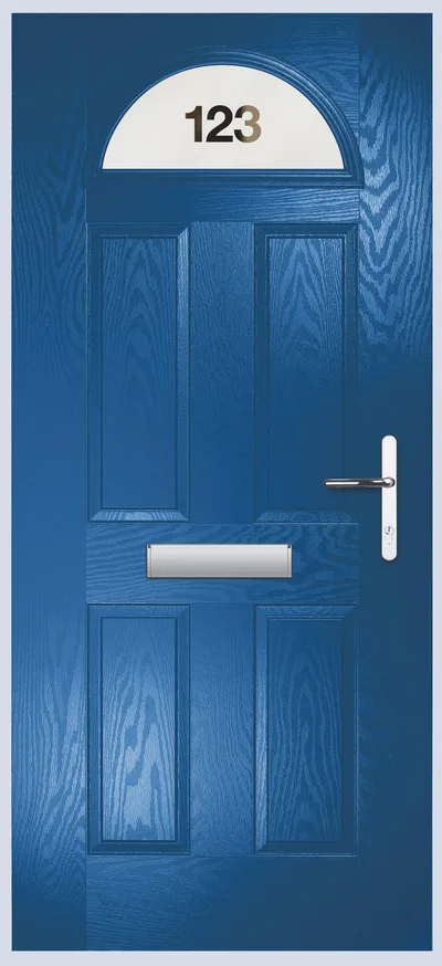 Moonshine composite door in Azure Blue with Satin House Number glass