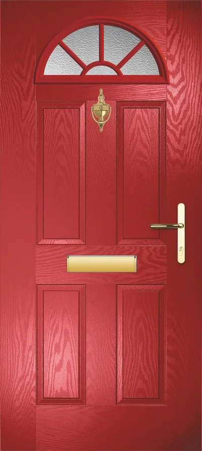 Moonshine composite door in Red with Stippolyte glass, Sunburst cassette