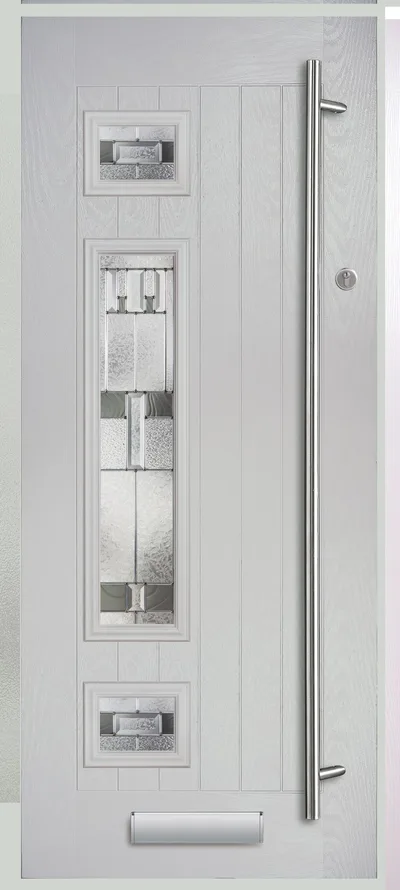 Neptune composite door in Mist Grey with Prairie glass, Farmhouse, glass left