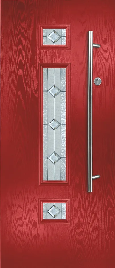 Neptune composite door in Red with Cameo glass, Flush, glass centre
