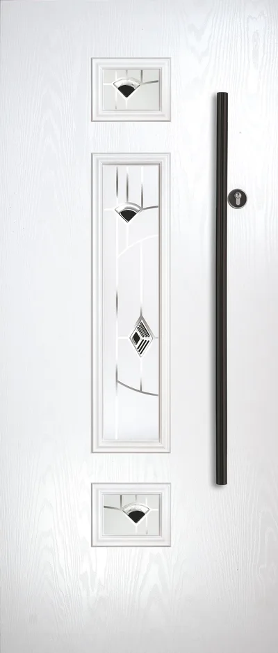 Neptune composite door in White with Murano Black glass, Flush, glass centre