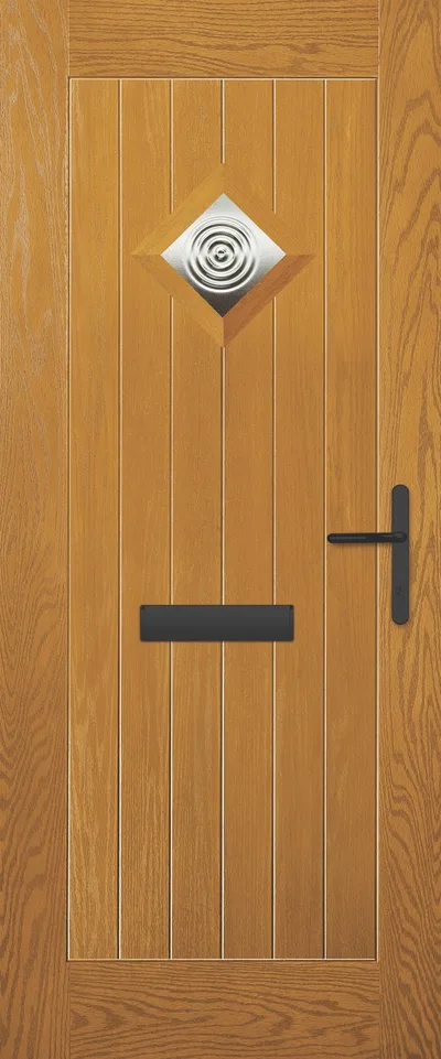 Pluto composite door in Lightwood with Bullseye glass, Farmhouse
