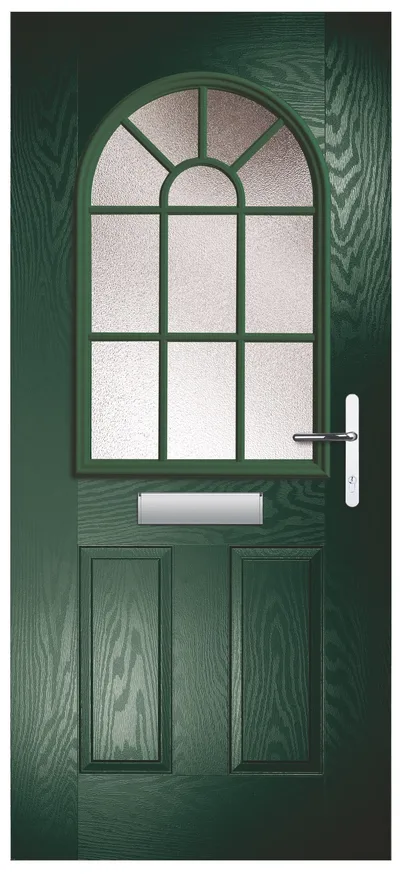 Stellar composite door in Green with Stippolyte glass, Grid cassette