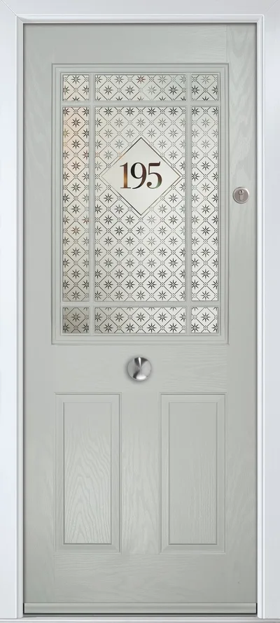 Super Nova composite door in Agate Grey with Retro House Number with Grid glass, Grid cassette