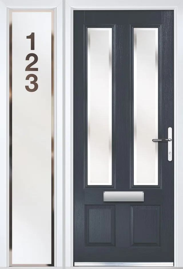 Equinox in Anthracite with a side panel, Kensington glass and house number Equinox in Anthracite with a side panel, Kensington glass and house number